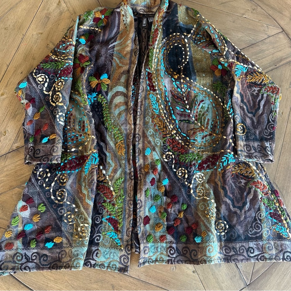 Wearable Art ANU Embroidered Wool Lagenlook Multicolor Long Open Front Duster XL